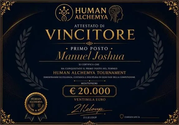 Attestato di vincitore, primo posto, Human Alchemya Tournament, montepremi 20.000 euro, Manuel Joshua